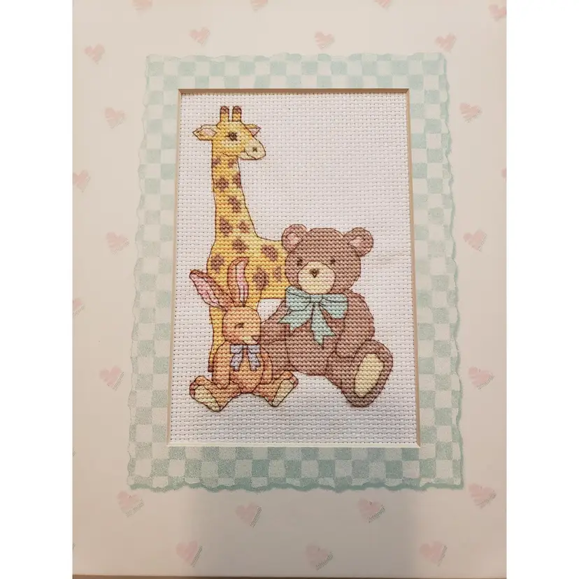 New Handmade Cross-stitched Piece With Bunny,Bear , And Giraffe