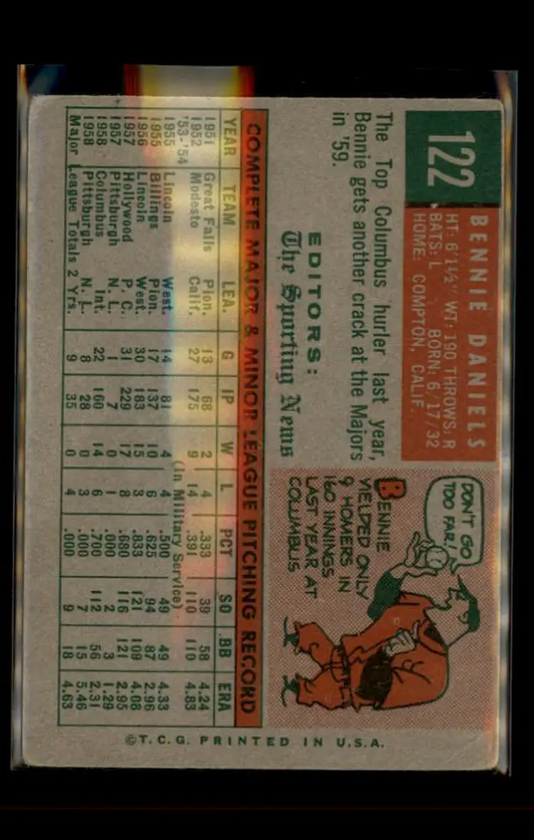 1959 Topps #122 Bennie Daniels - (pk4) - Pittsburgh Pirates