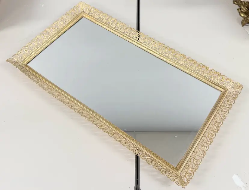 Vintage Ormolu Mirrored Vanity Tray Gold Filigree Dresser Hollywood Regency 25”