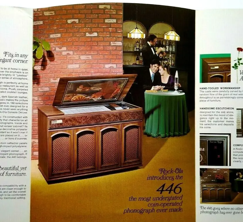 Rock-Ola 446 Lowboy Jukebox Flyer 1971 Original  Phonograph Music Foldout Art