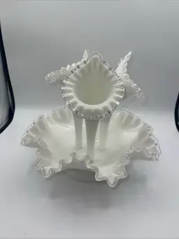 Fenton 3 Horn Epergne Milk Glass Silver Crest Vase 10.5” Vintage Milk Glass