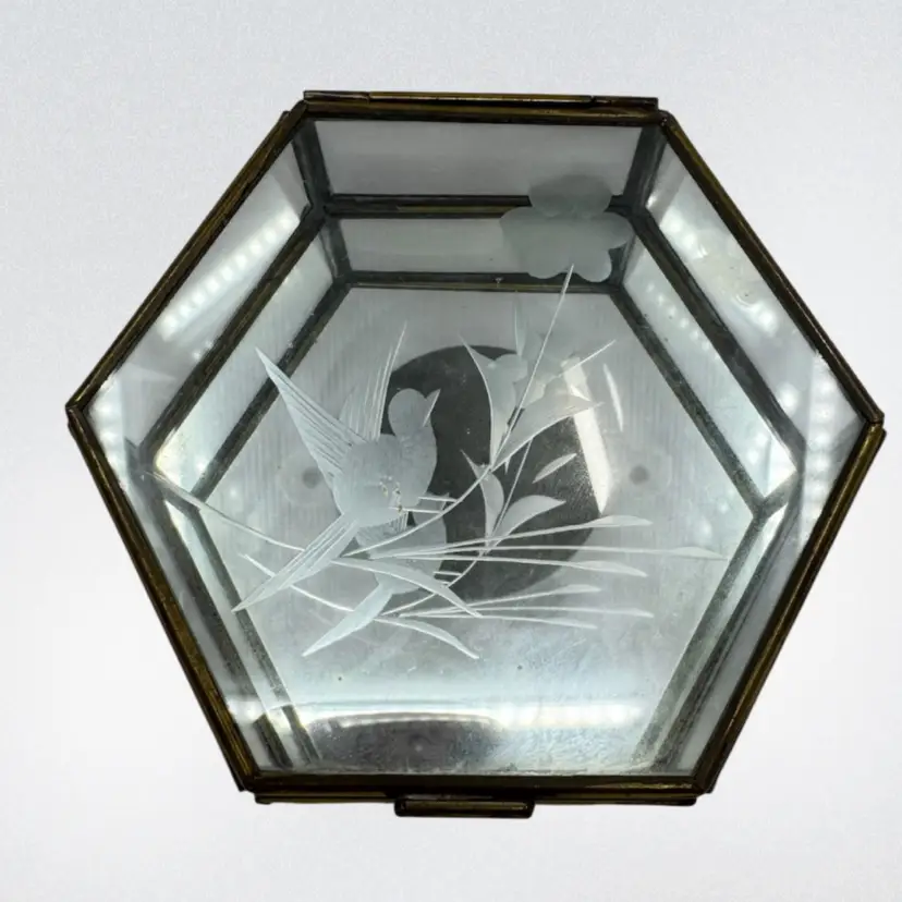 Glass And Brass Hexagonal Jewelry Casket With Etched Bird In Glass Top, Round Brass Feet, Made In Mexico