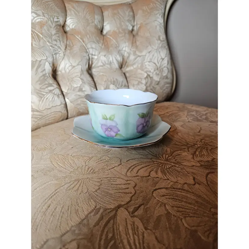 Vintage Hand-painted Floral Teacup and Saucer Set Marked Billings On The Bottom.