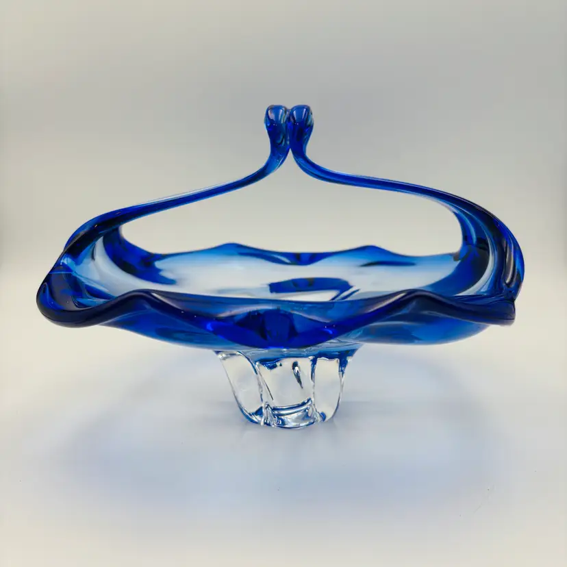 Vintage Handblown Art Glass Cobalt Blue Cased in Clear Glass Basket Decorative with Handles