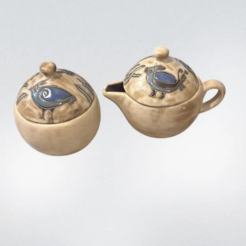 Signed Mara Mexico Stoneware Pottery Covered Creamer & Sugar Bowl Southwestern Birds - Each piece is about 3.5” in diameter, 3” tall without lids, and 5” tall with lids
