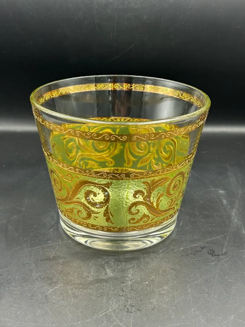 Vintage Culver Toledo MCM gold leaf, Hollywood Regency glass ice bucket