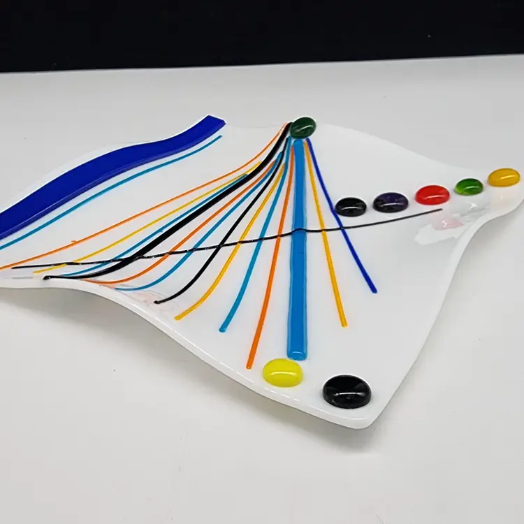 Fused Glass Art Plate With Bold & Vibrant Color Lines Dots On White Square Dish