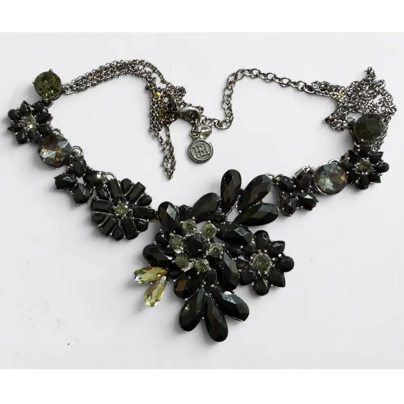 Vintage Dana Bachman Black Rhinestone Gun Metal Statement necklace 18”