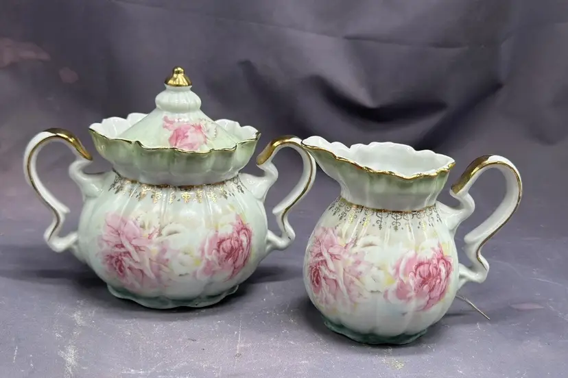 Vintage Nippon Cream & Lidded Sugar Cabbage Rose Floral Pattern Gold