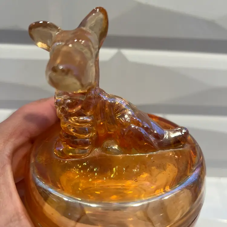 Vintage Jeanette Scottie Dog Marigold Carnival Glass Vanity Lidded Powder Jar
