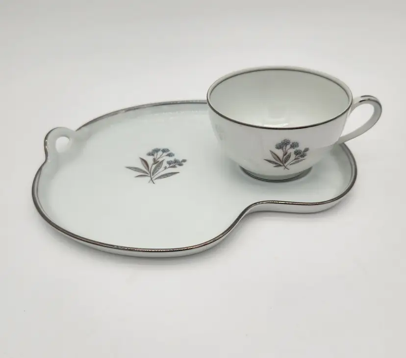 Vintage MCM Noritake Bessie Pattern Snack Set Delicate Blue Flowers Silver Trim