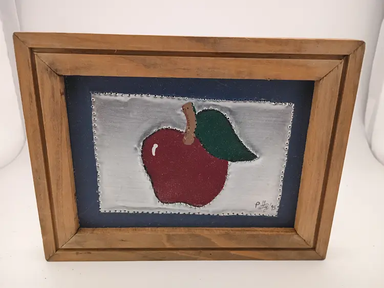 Vintage framed painted tin art, signed