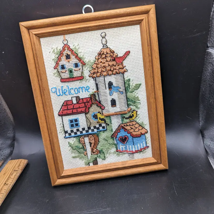Vintage Counted Crosstitch Sampler Bird Houses With Birds.