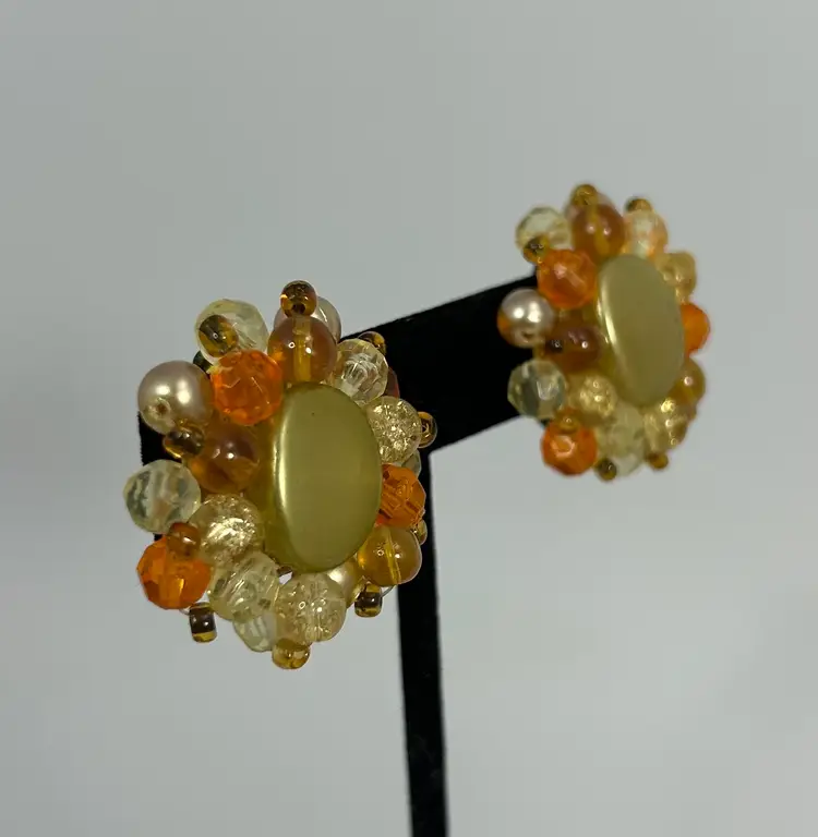 Vintage Orange Yellow Green Brown Plastic Bead Cluster Style Clip on Earrings Germany