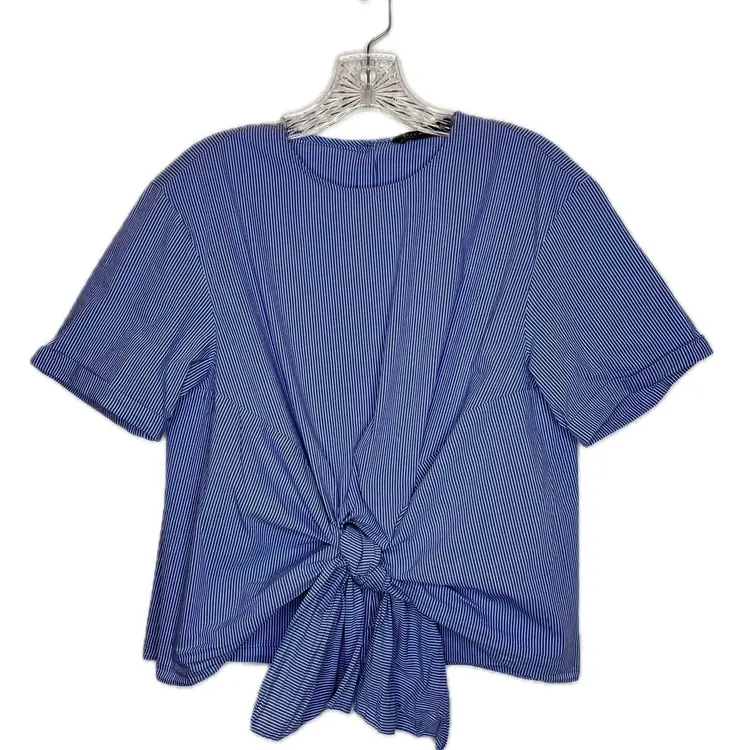 Zara Blue and White Pinstripe Front Tie Button Back Oversize Blouse Small