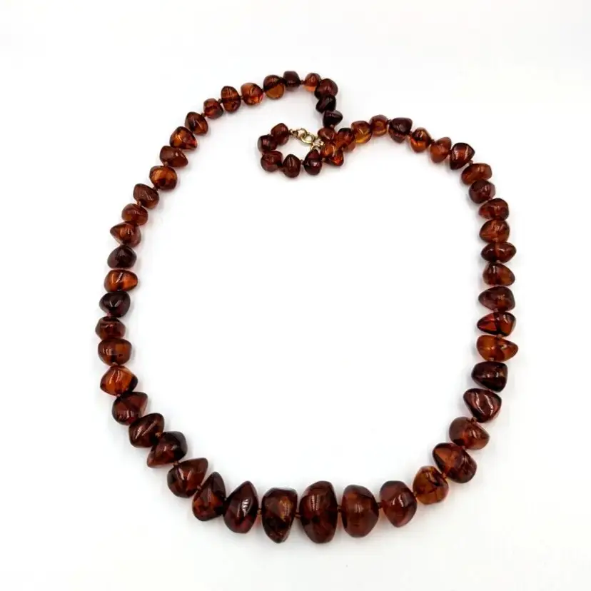 Polished Amber Knotted Necklace Graduated Beads Cognac Color Vintage 24" Long