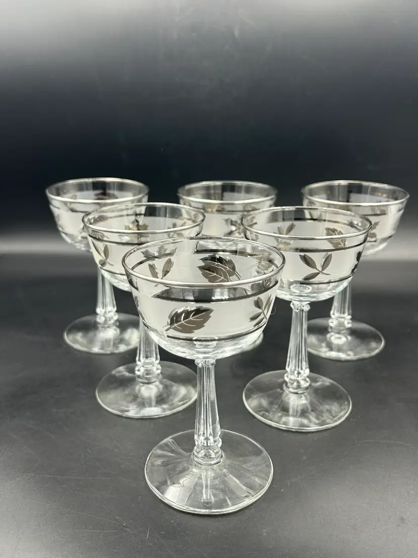6 Vintage Libby Silver Leaf Frosted Cocktail/Champagne Glasses MCM Barware