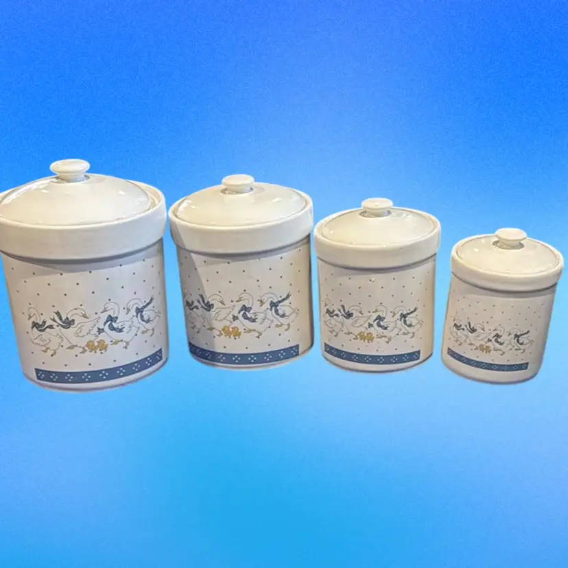 Vintage 1980's Country Geese With Blue Ribbon Set Of 4 Canister Set