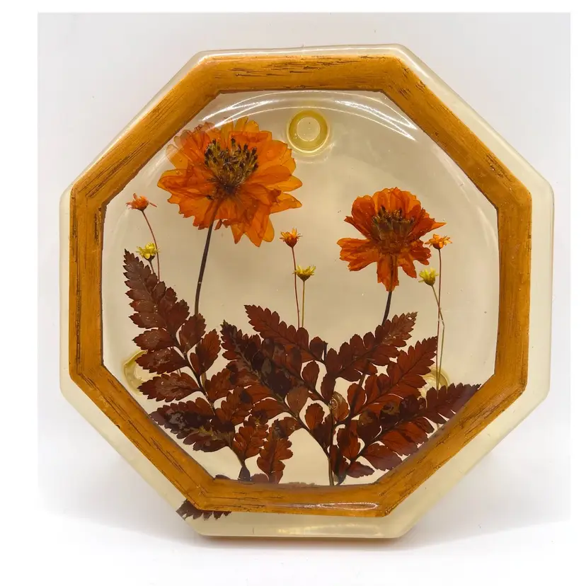 Lucite Acrylic Pressed Flowers Brown Orange Octagonal Shape Trivet 6x6 in