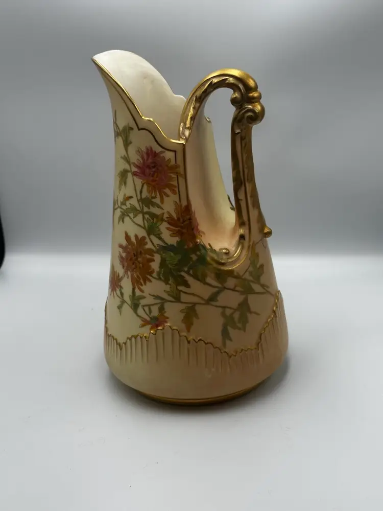 A18 Antique Royal Worcester porcelain pitcher with hand-painted florals and gilded handle