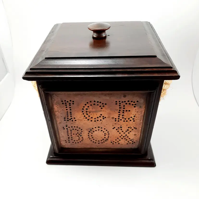 Vintage Wood Punched Copper Ice Box Bucket Rope Handles