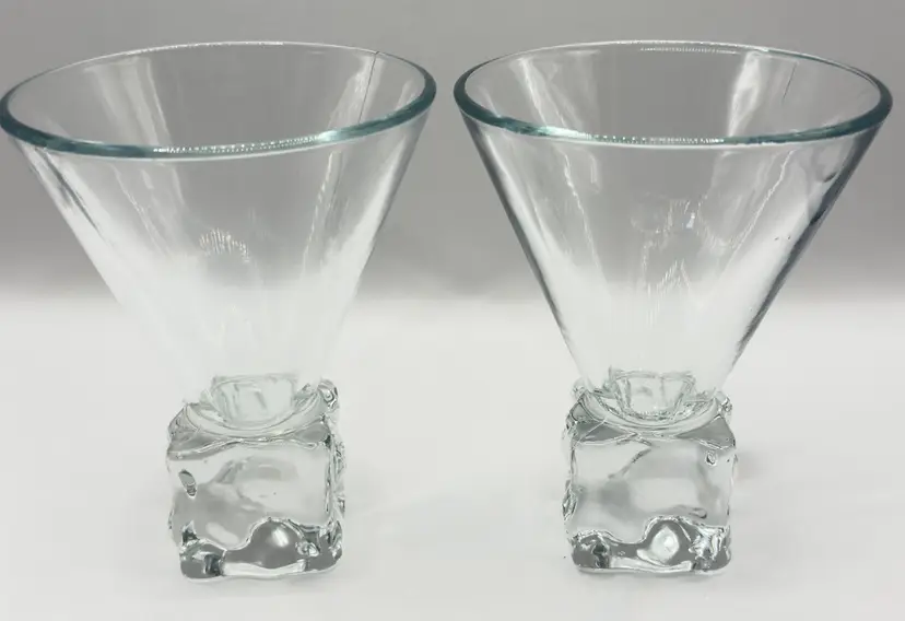 Vintage 1970’s Glass Martini Cocktail Glass Melting Ice Base, Elegant Barware Set of 2, By Di Saronno, Made in Italy