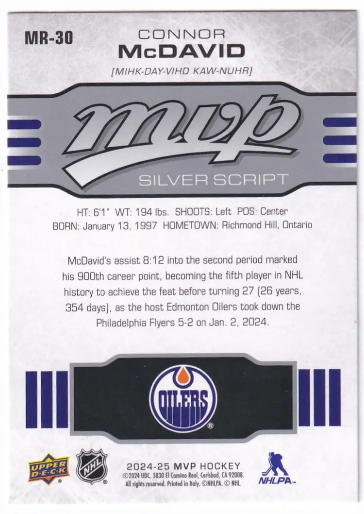 2024-25 Upper Deck MVP 10th Anniversary #MR30 Connor McDavid Edmonton Oilers Hockey Card