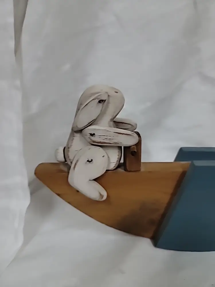 Folk Art Bunny Rabbits on Seesaw Wood Decor