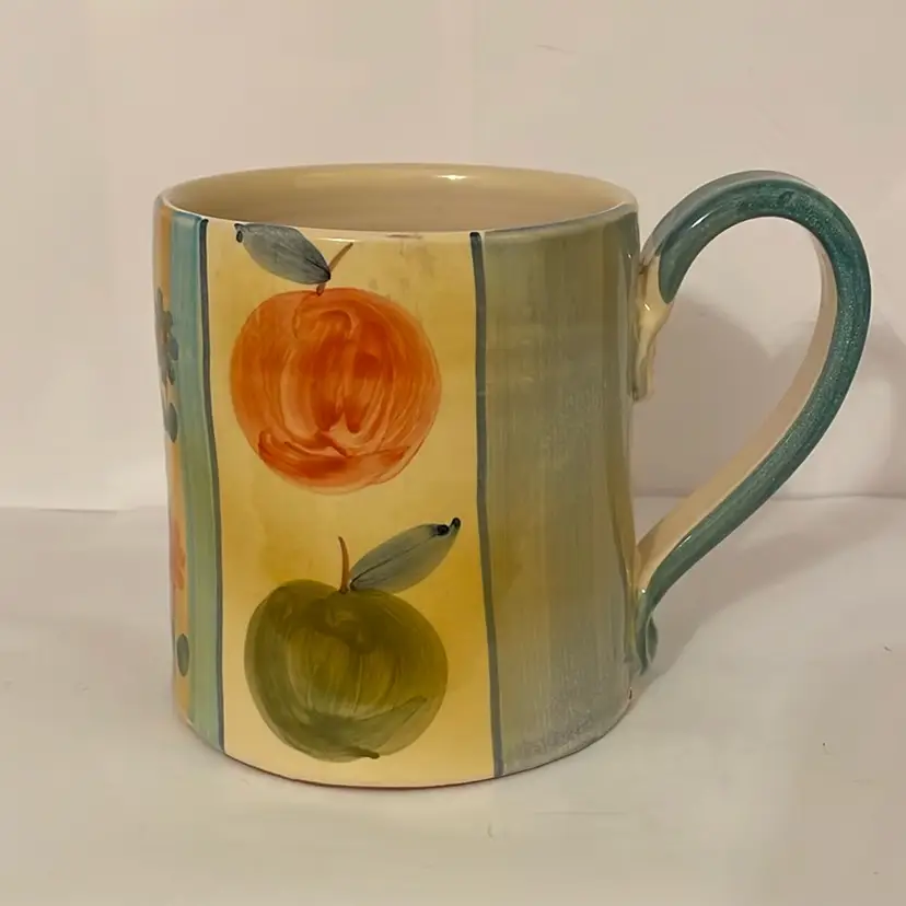 #593 Green And Tan With Apples And Flowers Pottery Coffee Mug Made In Italy