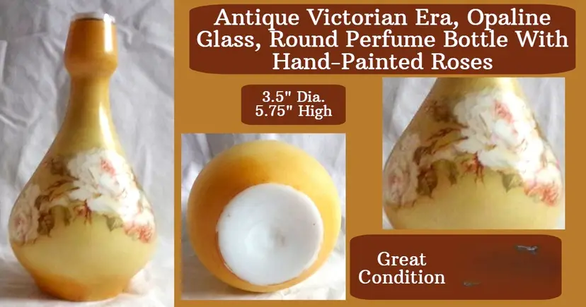 Antique Victorian Era Opaline Perfume Bottle w/Hand Painted Roses