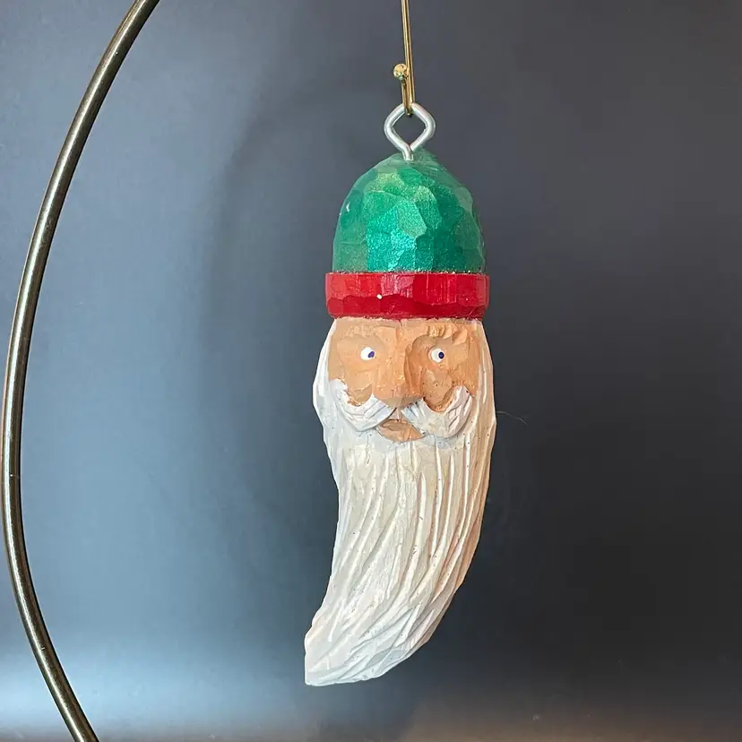 Carved Wooden Santa Face Hanging Christmas Ornament Folk Art Primitive Signed
