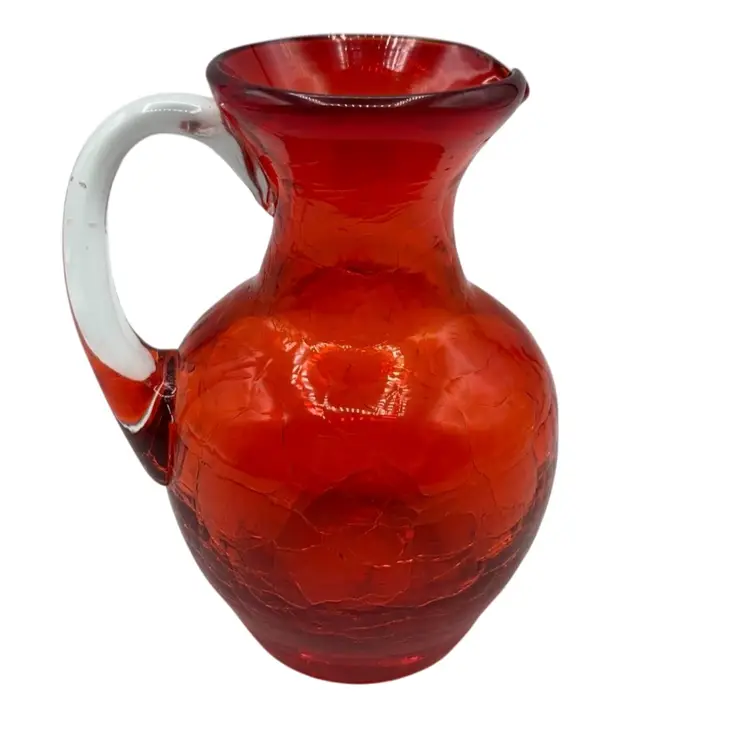Vintage Ruby Red Crackle Glass Pitcher Hand Blown Applied Handle Mid Century Decor