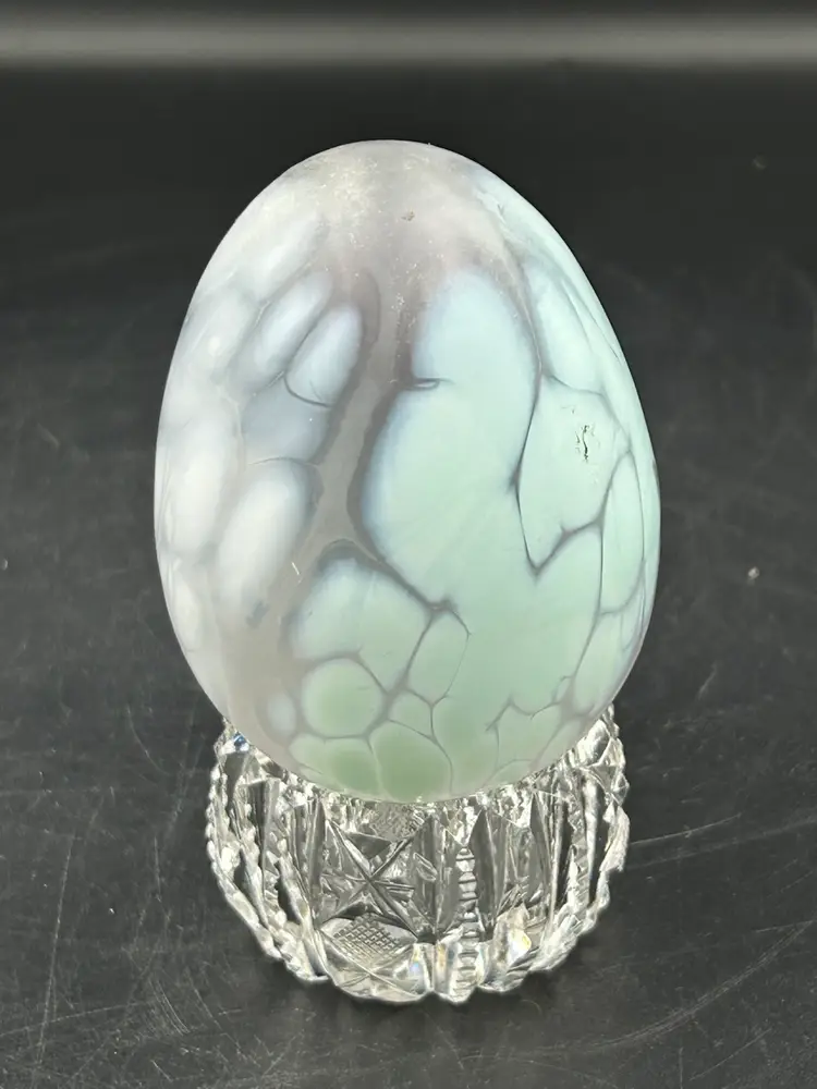 Hand Blown, Hollow, Frosted Glass, Egg Figurine White, Pinks, And Purples