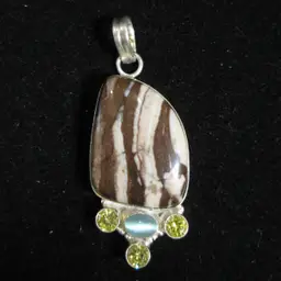 Polished Stone and Sterling Silver (.925) Pendant with Yellow Rhinestones and Blue Acrylic Cabochon - 2 Inches Tall