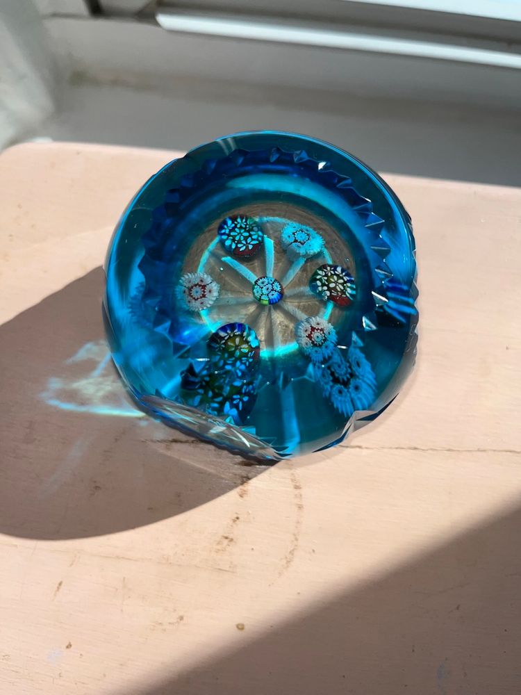 Vintage Blue Murano Glass Millefiori Faceted Paperweight