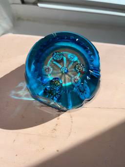 Vintage Blue Murano Glass Millefiori Faceted Paperweight