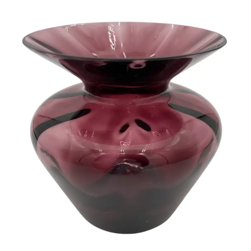 Vintage Blown Glass Deep Violet Vase, Rib Optic Flared Rim, Thumbprint Body