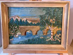 Bas-relief Hand Molded Painting Arched Bridge River Trees Leila Swayze Framed