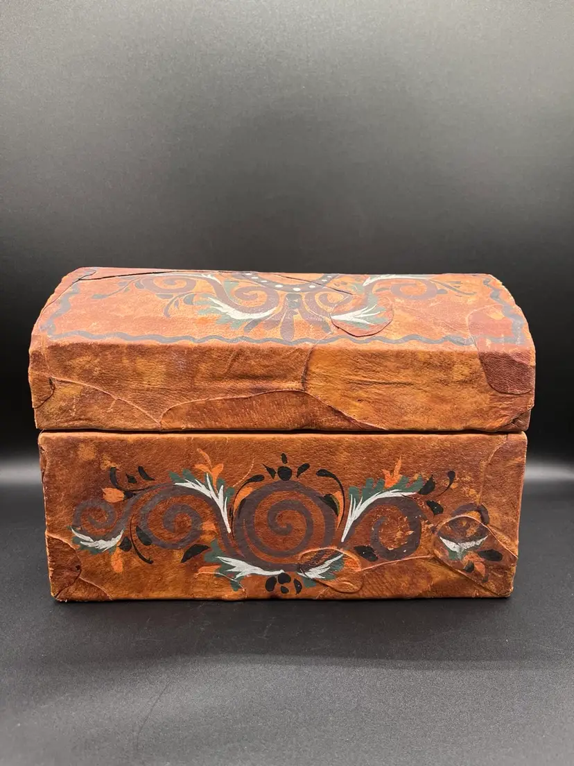 Unique Hand Made Domed Wood And Leather Hand Painted Keepsake Treasure Chest 11”