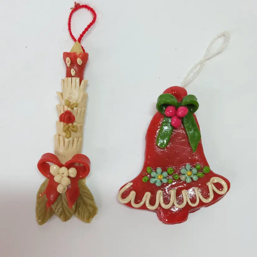 Set of 2 Vintage Handcrafted in Ecuador Candle and Bell Christmas Ornaments