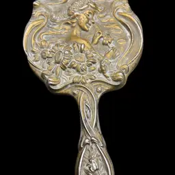 Antique Ornate sterling silver Unger Brothers “He Loves Me”, Art Nouveau hand mirror with repoussé floral and female figure. Untested, Only Researched. 8” Long, Mirror Is In Good Condition. See Pictures. Someone Painted Over The Silver , With Some Silver Cleaner It Is Coming Off But Is Still Beautiful In Current Condition.  Unique…. Rare Silver Find!! Hello Collectors- Resell For $500 -$1k… And Up, In Refurbished Condition