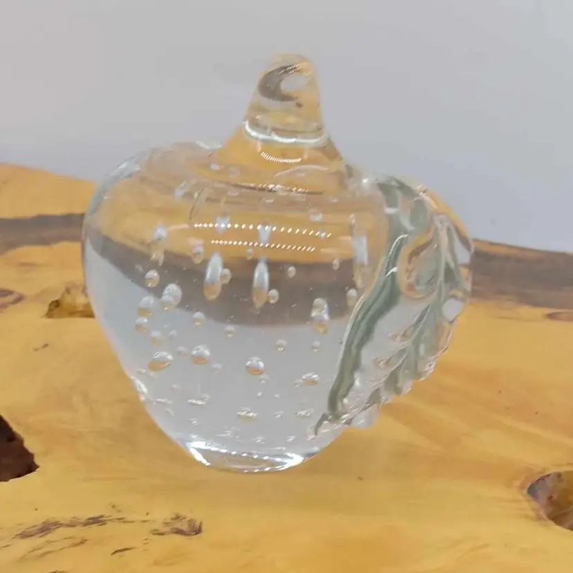 Clear glass apple paperweight, controlled bubbles, decor