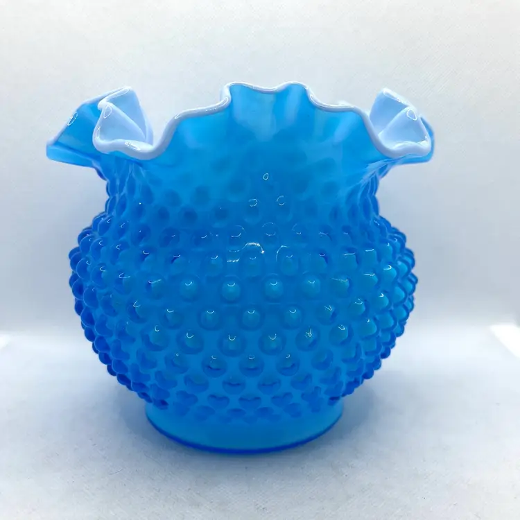 Vintage Fenton Blue Overlay Hobnail Cased Glass Vase Ruffled Crimped Rim