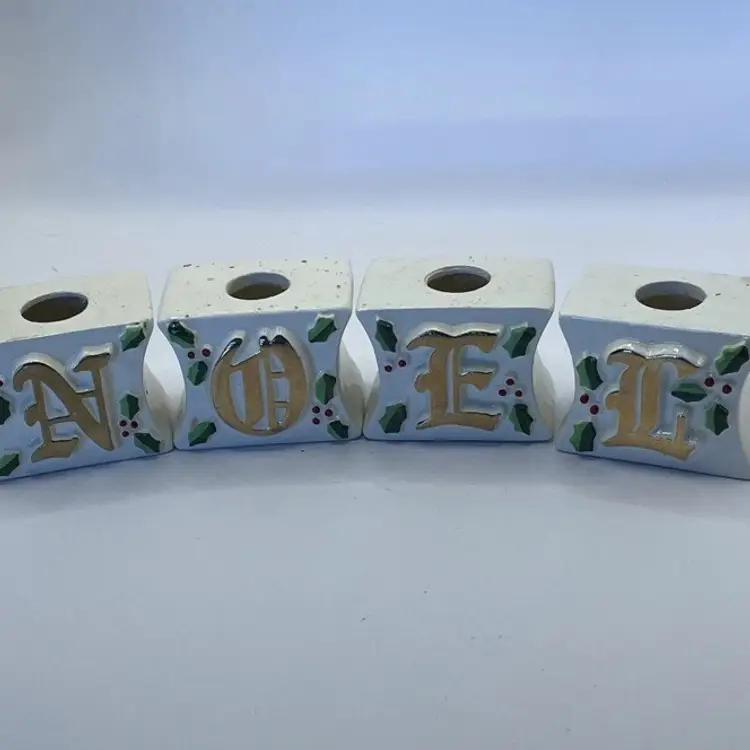 VintageO'Henry NOEL candle holders 1979 Christmas Holiday Ceramic Holly Leaf