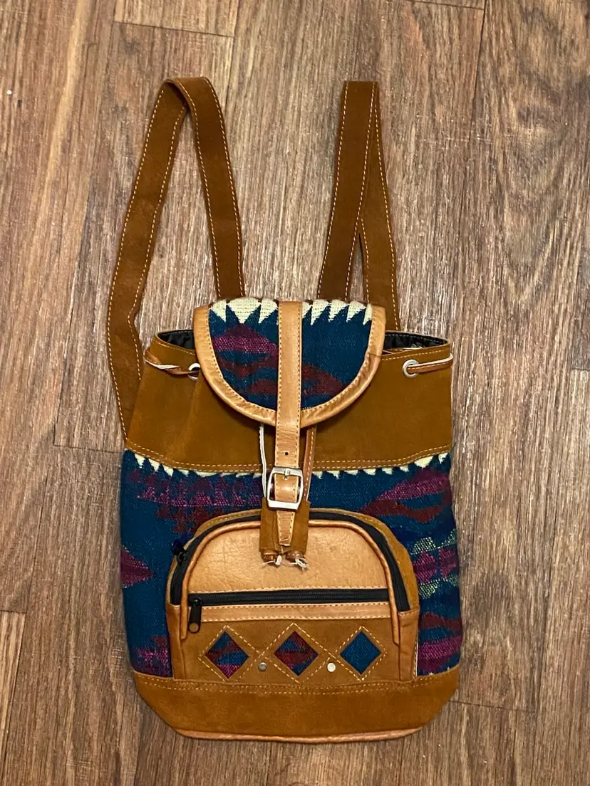 Backpack Purse Boho Aztec Western Embroidered 12”H x 10”W X 2.5” Deep Teal Red