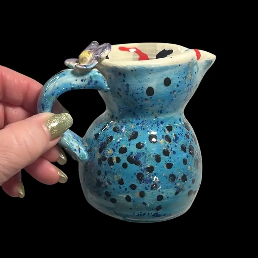 Handmade Blue w/ Black Polka Dots Pottery Mini Creamer/Vase With A Flower (Decor Only) Floral | 3.5”