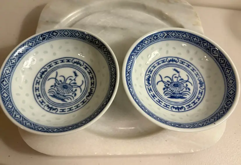 Pair Of Chinese Blue & White Rice Grain Porcelain Sauce Dish 4" Diameter Vintage