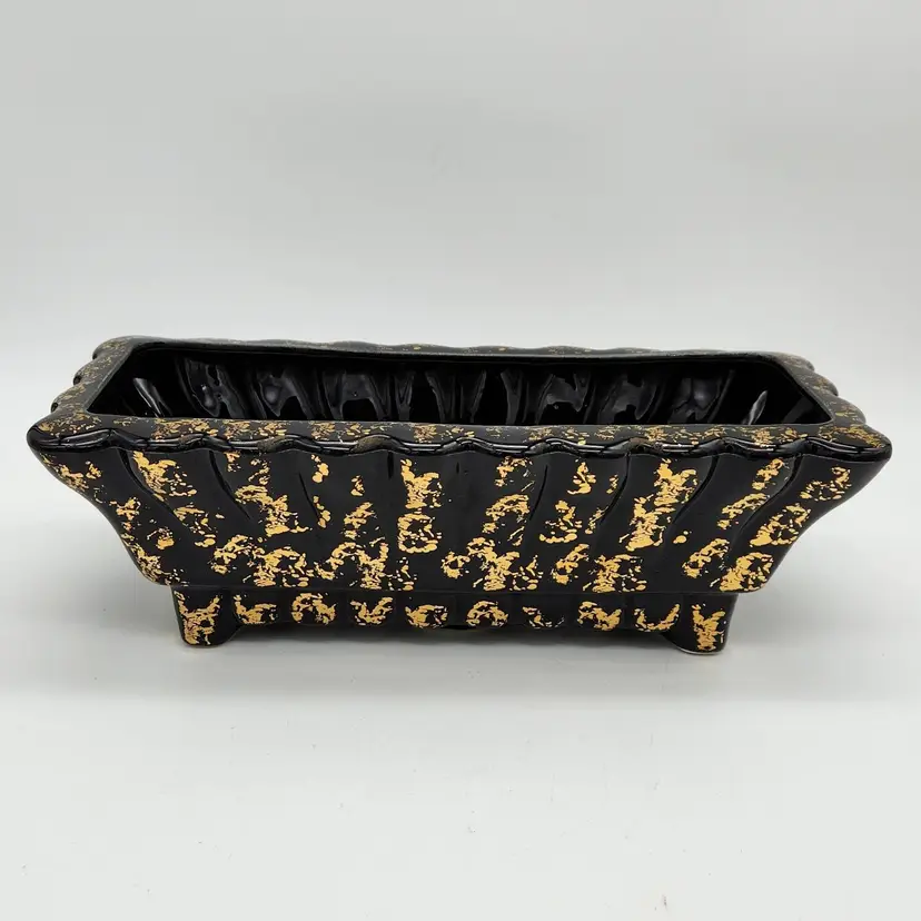 Vintage Stanford Pottery Black & Gold Shapely Rectangular Planter MCM Hollywood Regency Halloween