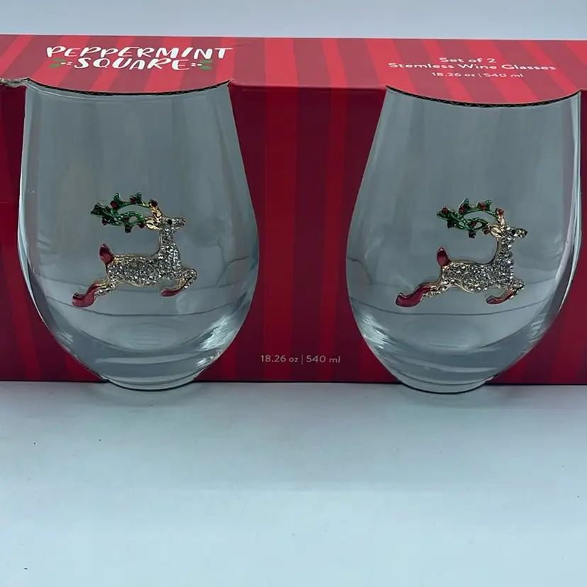 Wine Glasses Stemless Reindeer Rhinestones Set Of 2 New