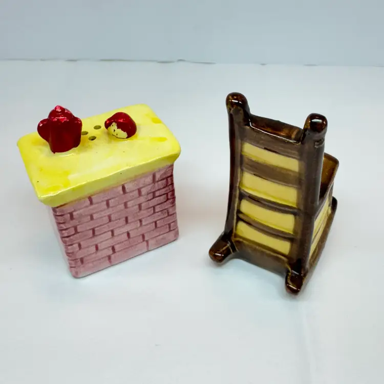 Novelty Vintage Ceramic Salt and Pepper Shakers Fireplace & Rocking Chair